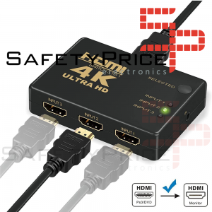Conmutador HDMI 4K Switch 3 Puertos Selector de Splitter Hub IR Remoto Negro