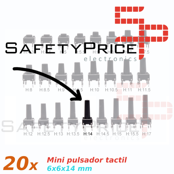 20x Mini pulsador para PCB 6x6x14 mm 4 pines SPST NO