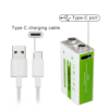 1x Pila Batería de litio recargable por USB Tipo C 9v 6F22 1000 mAh
