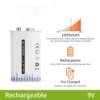 1x Pila Batería de litio recargable por USB Tipo C 9v 6F22 1000 mAh