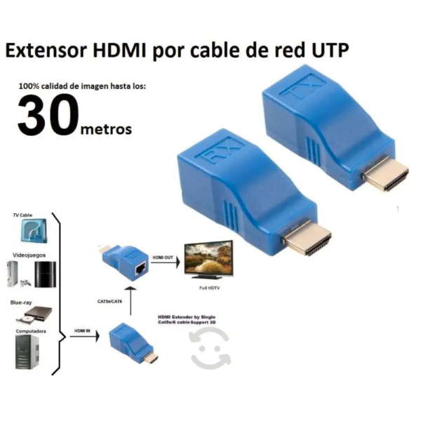 Extensor transmisor HDMI RX TX 1080P HD hasta 30 Metros Cable Red UTP/Cat 6 RJ45