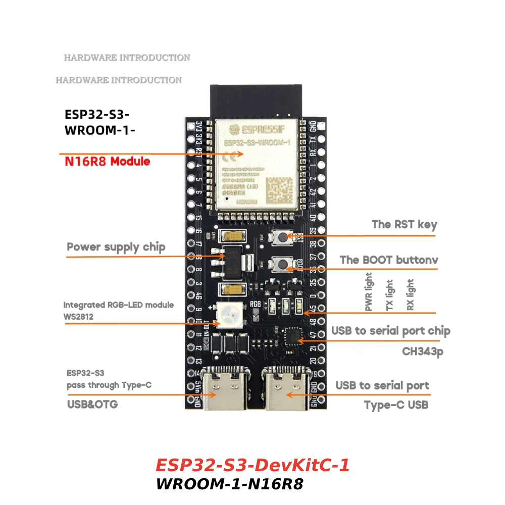 Placa de desarrollo ESP32-S3-DevKitC-1 WROOM-1-N16R8 RGB WiFi + BLE5.0