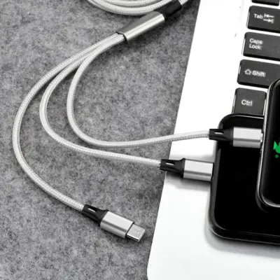 3 en 1 Multi Cable de Carga rapida 5V 2.4A nylon trenzado  MicroUSB Tipo-C Lightning 1.2M Plata - Imagen 2