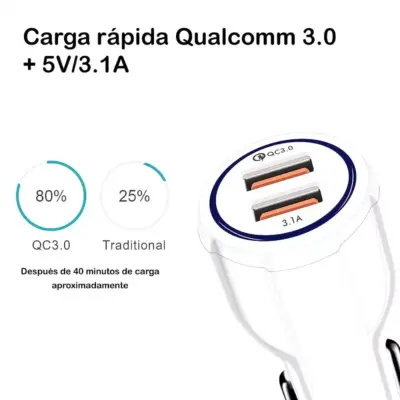 Cargador de movil coche mechero Carga rapida doble USB 3.1A qualcomm 3.0 Blanco - Imagen 4