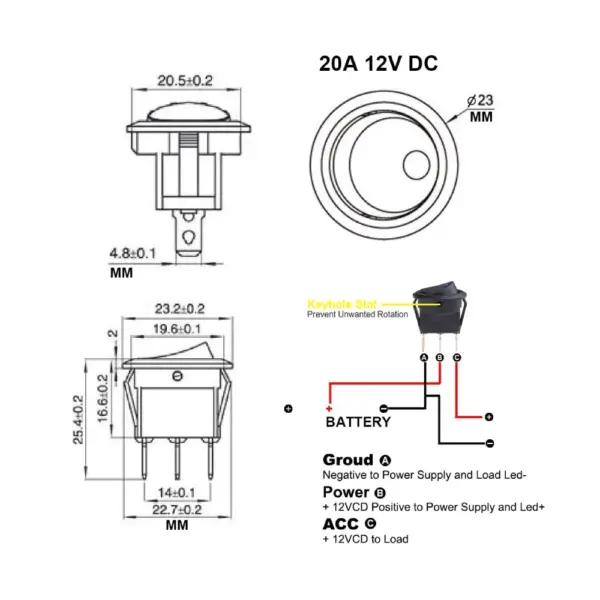 IInterruptor ON OFF con luz LED Redondo rectangular 20mm SPST 12V 20A AMARILLO - Imagen 3