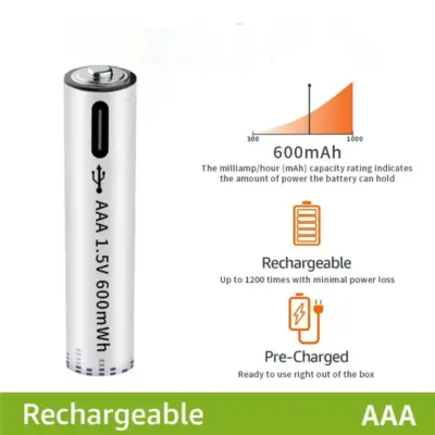 2x Pila Batería de litio recargable por USB Tipo C 1.5v AAA 600mAh - Imagen 7