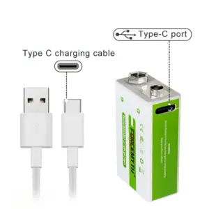 1x Pila Batería de litio recargable por USB Tipo C 9v 6F22 1000 mAh