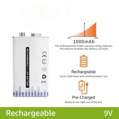 1x Pila Batería de litio recargable por USB Tipo C 9v 6F22 1000 mAh - Imagen 3
