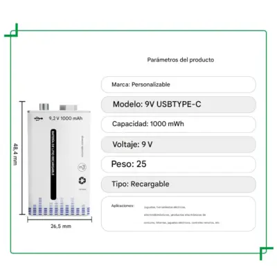 1x Pila Batería de litio recargable por USB Tipo C 9v 6F22 1000 mAh - Imagen 5