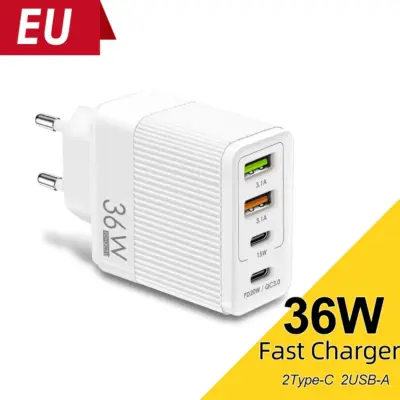 Cargador de telefono movil carga rapida QC3.0, 3.1A, USB C 36 W 5V4A 2PD + 2USB
