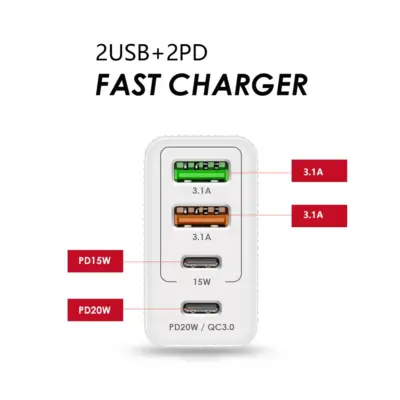 Cargador de telefono movil carga rapida QC3.0, 3.1A, USB C 36 W 5V4A 2PD + 2USB - Imagen 2