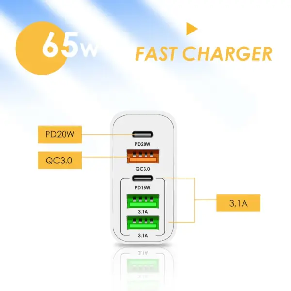 Cargador de telefono movil carga rapida QC3.0, 3.1A, USB C 65 W 5V4A 2PD + 3USB - Imagen 2