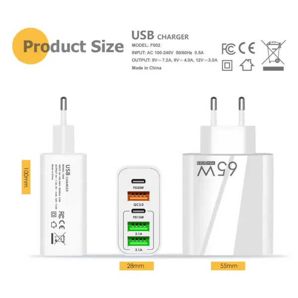 Cargador de telefono movil carga rapida QC3.0, 3.1A, USB C 65 W 5V4A 2PD + 3USB - Imagen 3