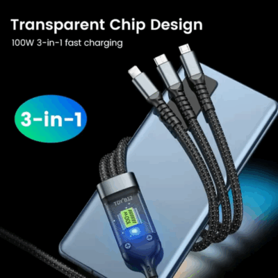 Cable de carga rapida 3 en 1 USB a iPhone/tipo-c/MicroUSB nylon 100W - Imagen 2