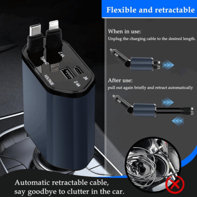 Cargador mechero coche carga rapida retrÃ¡ctil 4 en 1 compatible iPhone, USB C - Imagen 6
