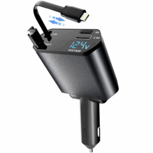 Cargador mechero coche carga rapida retrÃ¡ctil 4 en 1 compatible iPhone, USB C