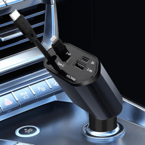 Cargador mechero coche carga rapida retrÃ¡ctil 4 en 1 compatible iPhone, USB C