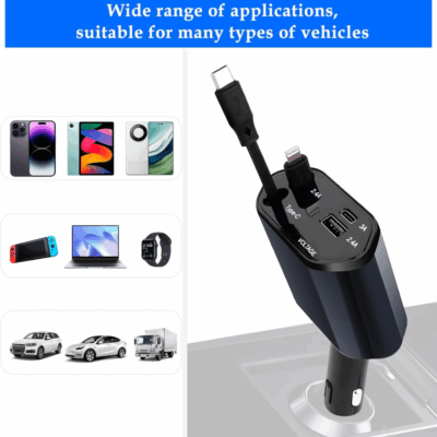 Cargador mechero coche carga rapida retrÃ¡ctil 4 en 1 compatible iPhone, USB C - Imagen 7