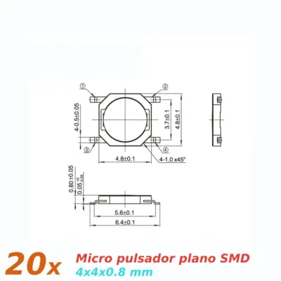 20x Micro pulsador plano SMD 4x4x0,8mm SPST NO - Imagen 3