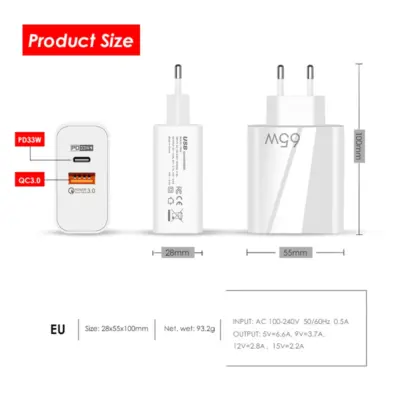 Cargador GaN carga rapida 65 W  Puerto dual PD / Carga rápida 3.0 QC3.0 - Imagen 4