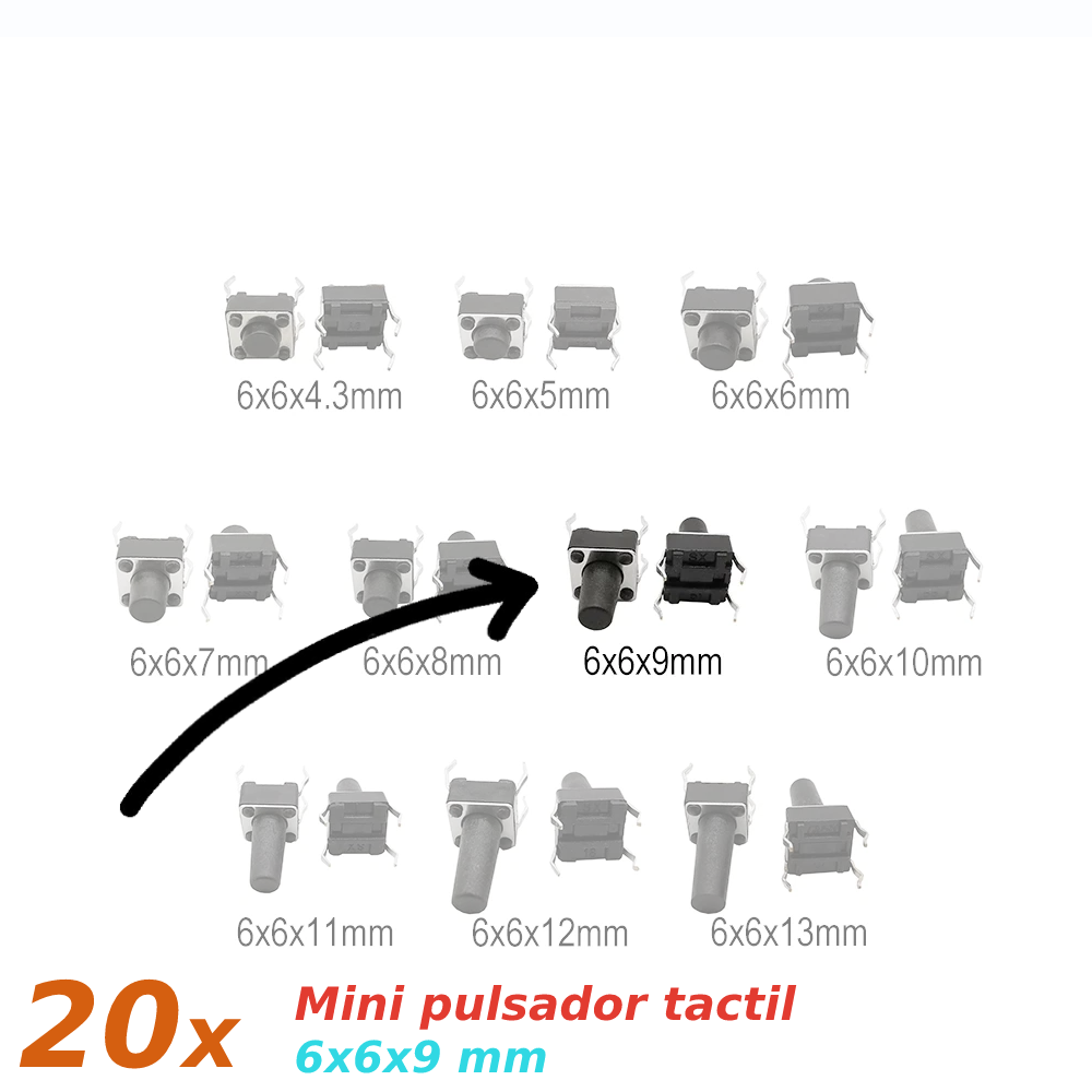 20x Mini pulsador para PCB 6x6x9 mm 4 pines SPST NO - Imagen 2