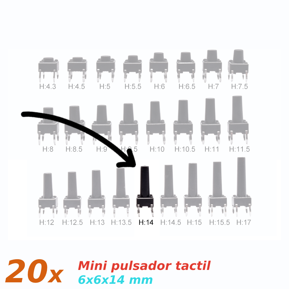 20x Mini pulsador para PCB 6x6x14 mm 4 pines SPST NO - Imagen 2