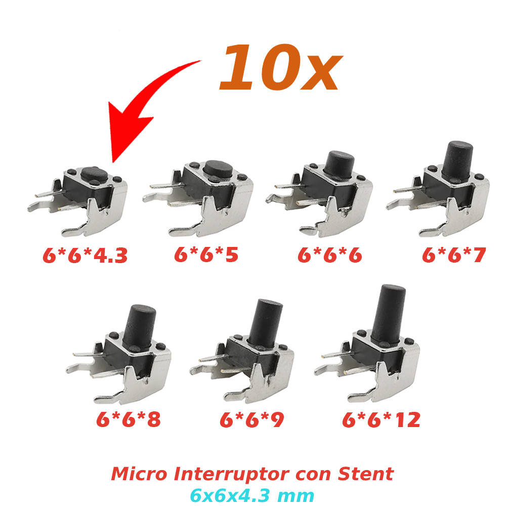 10X PULSADOR TACTIL MICRO INTERRUPTOR ANGULO RECTO CON STENT SOPORTE 6X6X4.3MM - Imagen 3