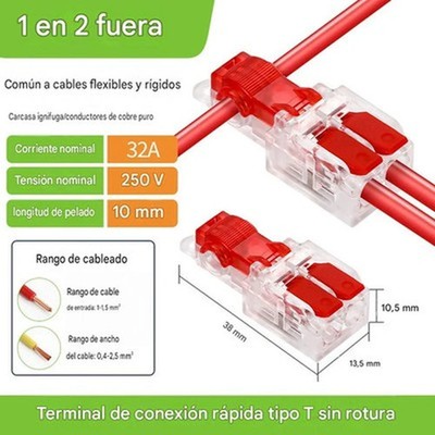 Conector de derivación rápida T2 doble palanca rojo 1.0 a 1.5 mm2 - Imagen 3