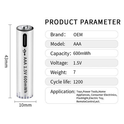 2x Pila Batería de litio recargable por USB Tipo C 1.5v AAA 600mAh - Imagen 6