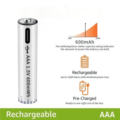 2x Pila Batería de litio recargable por USB Tipo C 1.5v AAA 600mAh - Imagen 12