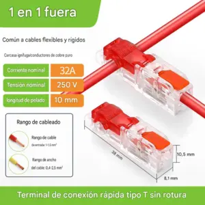 Conector de derivación rápida T1 transparente con palanca rojo 1.0 a 1.5 mm2