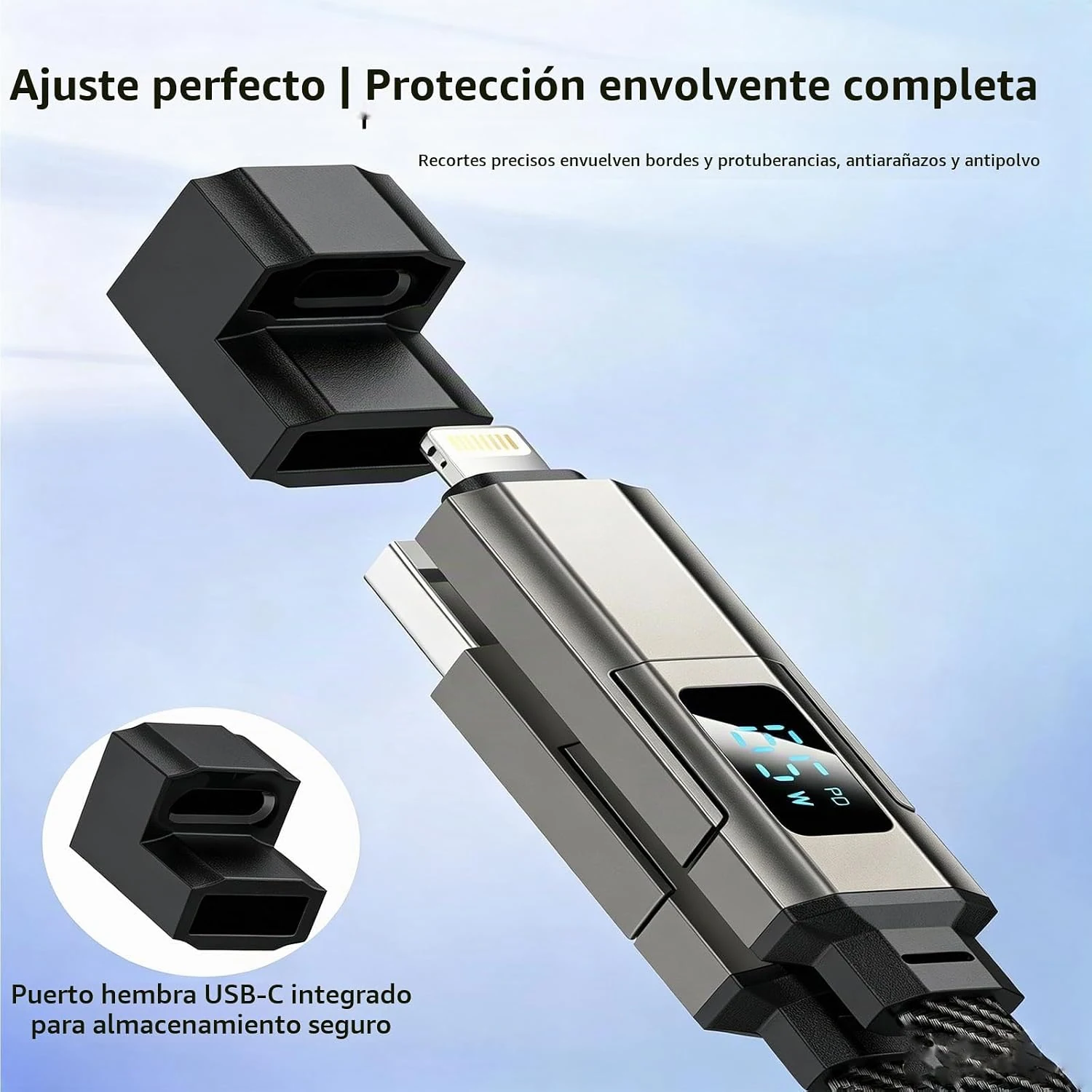 Cable de Carga 4 en 1 USB-C USB-A 65W con Pantalla Digital y Llavero - Imagen 7